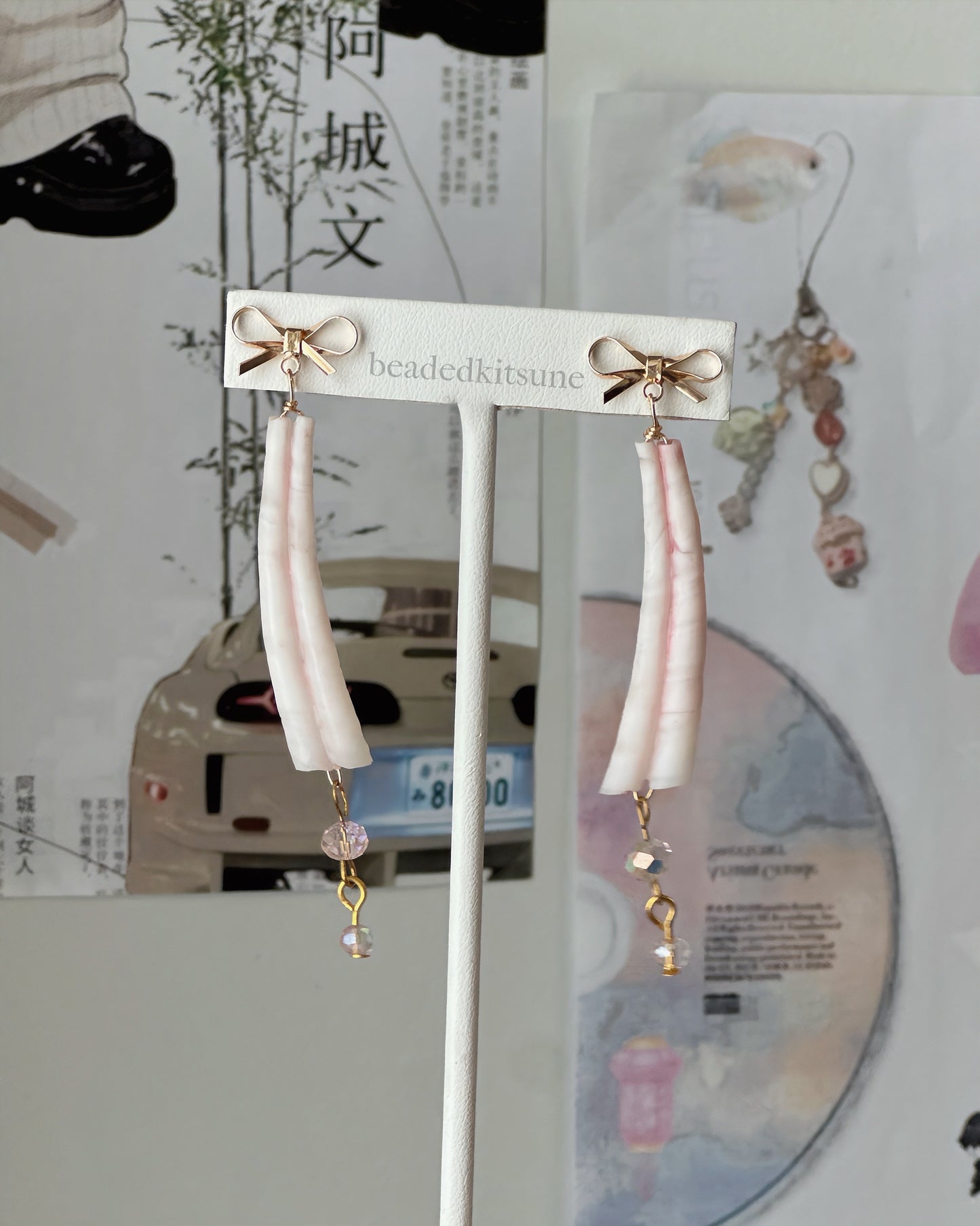 Pink Dentalium Bowed Earrings