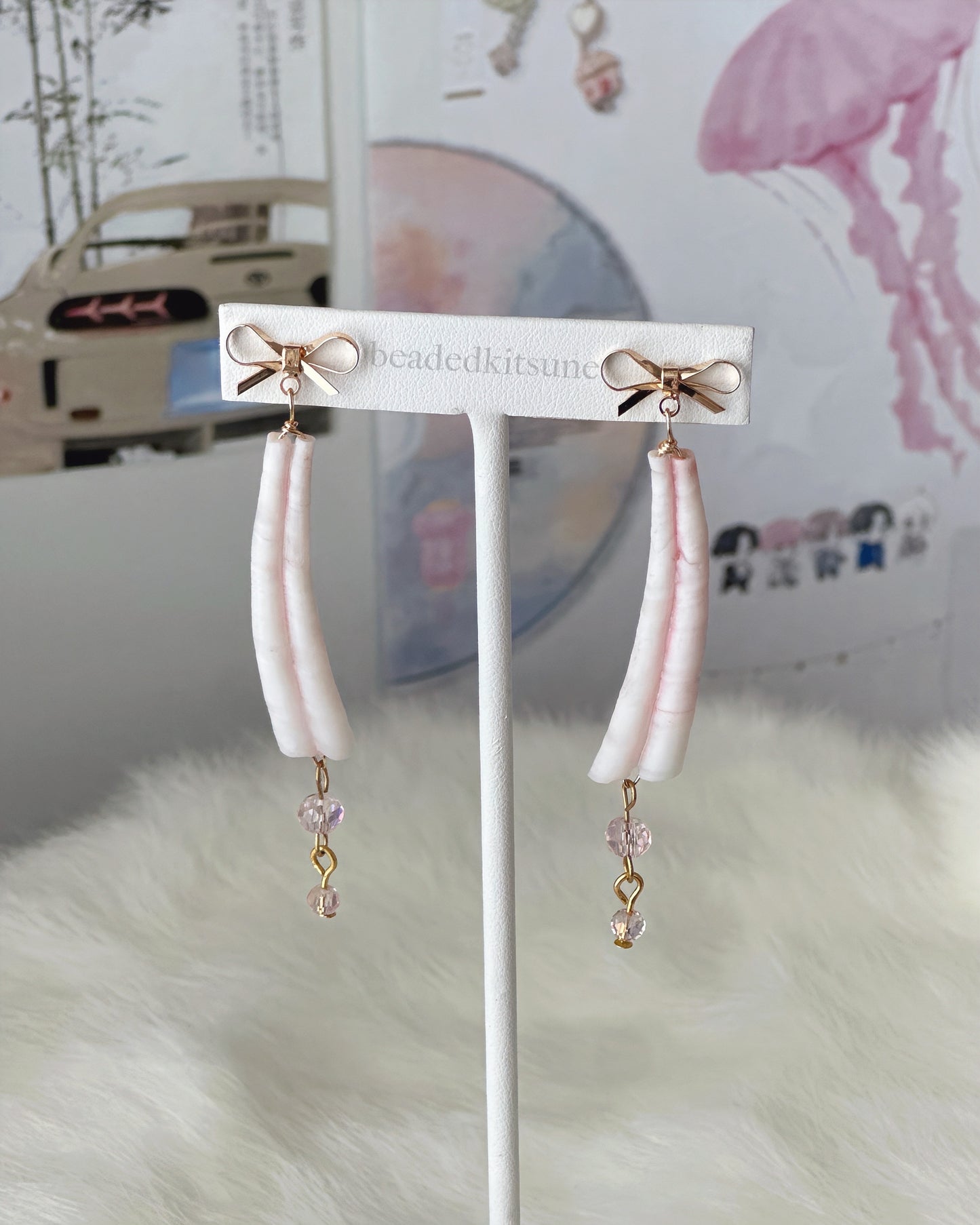 Pink Dentalium Bowed Earrings